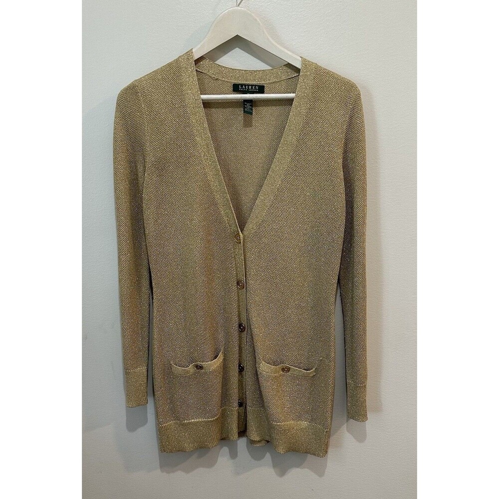Lauren Ralph Lauren Gold Metallic Silk Blend Tunic Cardigan Womens Sz. Med.
